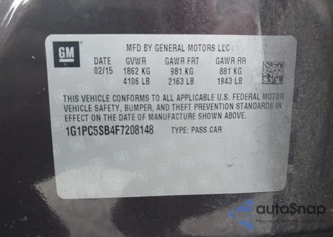 2015 Chevrolet Cruze 1Lt Auto из США, поврежденный, VIN 1G1PC5SB4F7208148